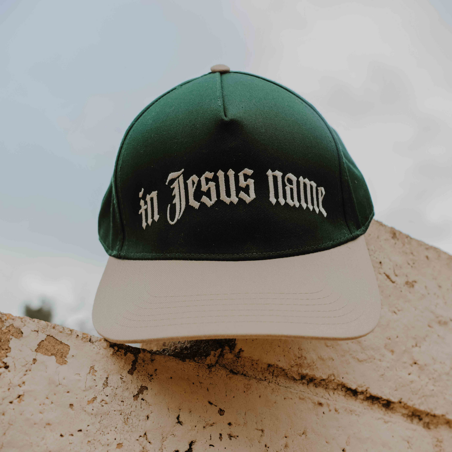 NEW - In Jesus Name Hat DARK GREEN & KHAKI